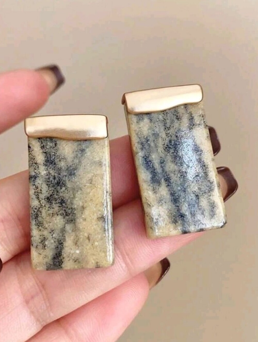 NEW! Marble Stone-Texture Rectangular Statement Earrings - Cream & Gold
